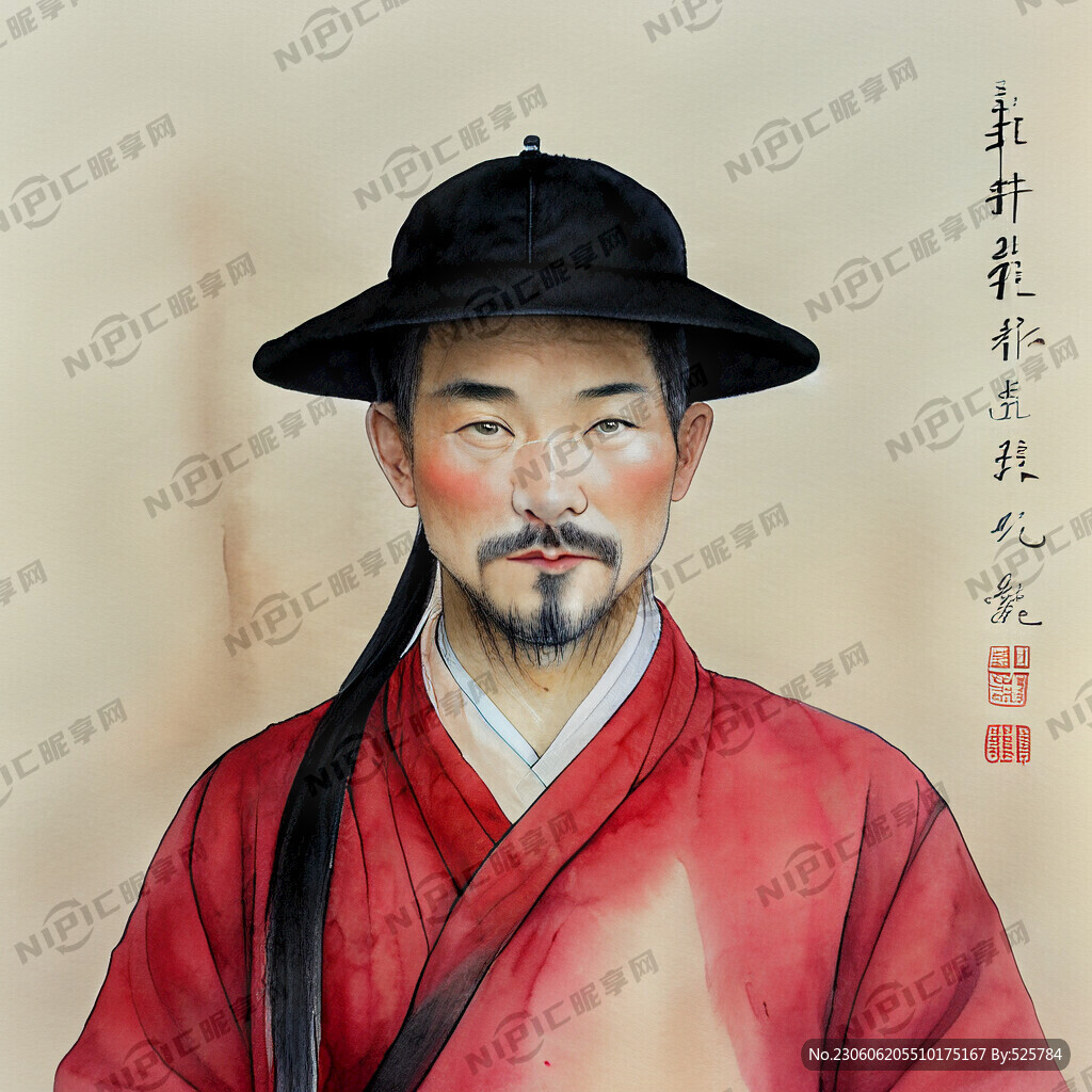 穿著紅色狀元服 手里拿著毛筆
