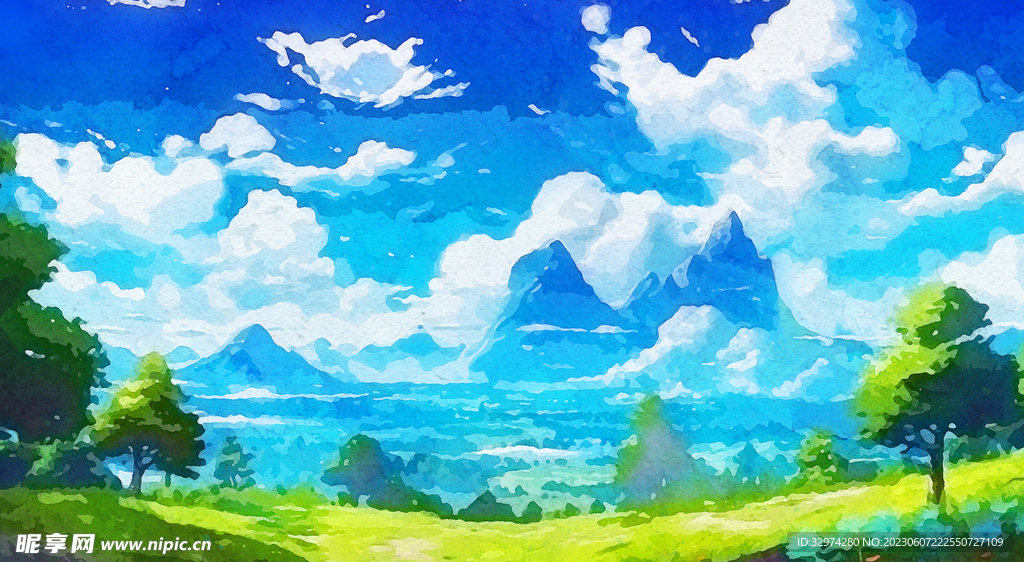 青山綠景水彩畫