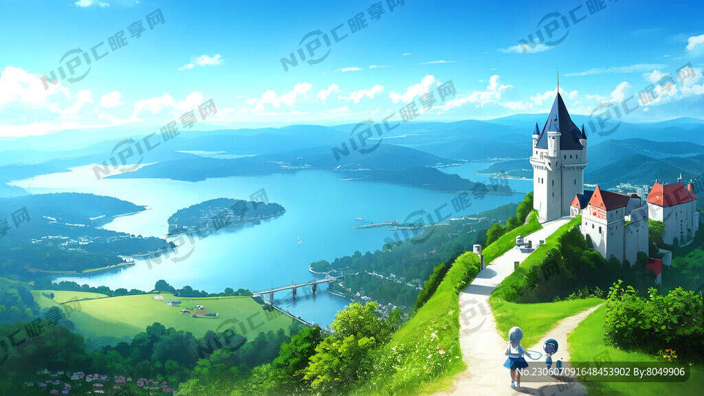 青山 湖水 天空 風箏 小女孩