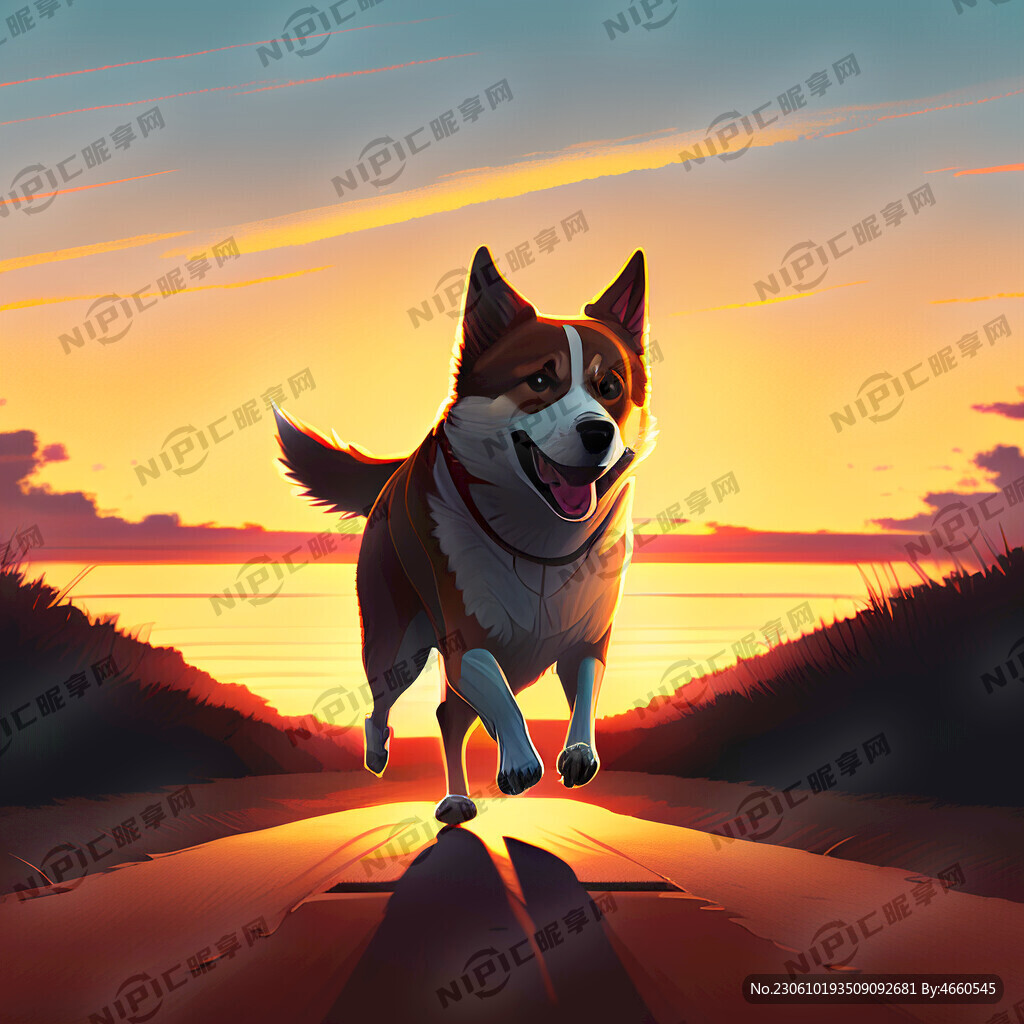 夕陽下一只狗跑在前面