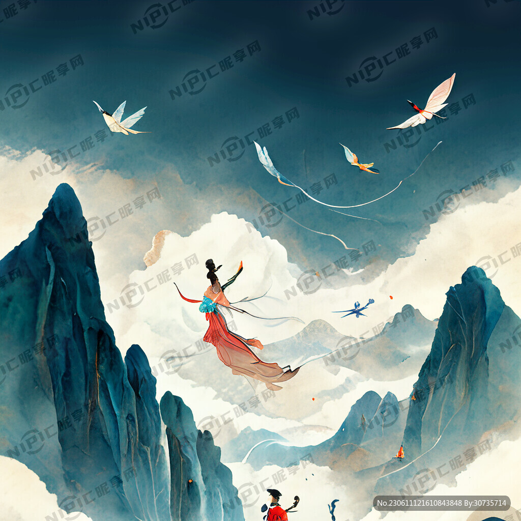 國(guó)潮 山水 飛天仙女 插畫