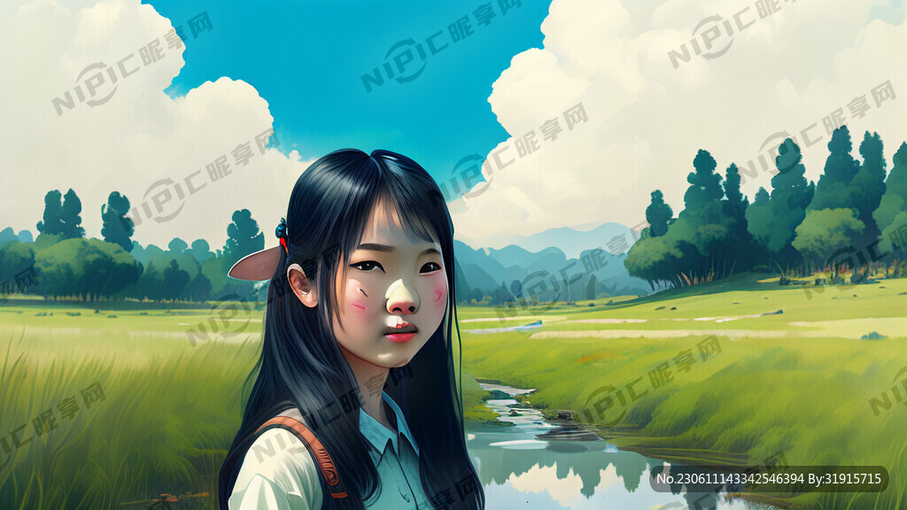 豬頭 鹿身 少女 可愛 小溪