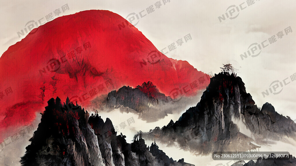 紅旗 中國紅 山水畫