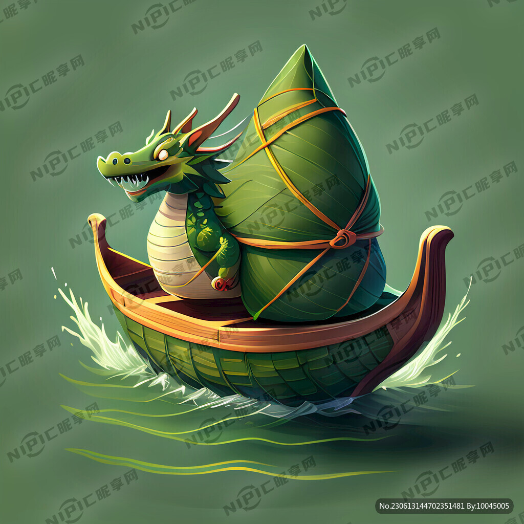 綠顏色的卡通龍舟 裝著粽子