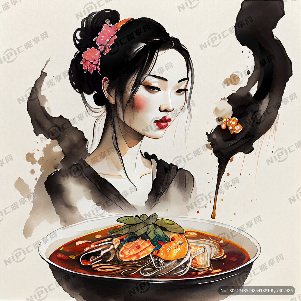 中國風格美女端著美食