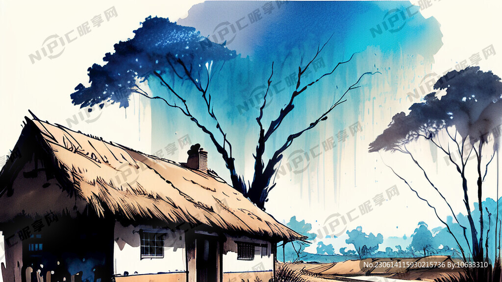 鄉(xiāng)間 村落 茅草屋 小道 樹(shù)林