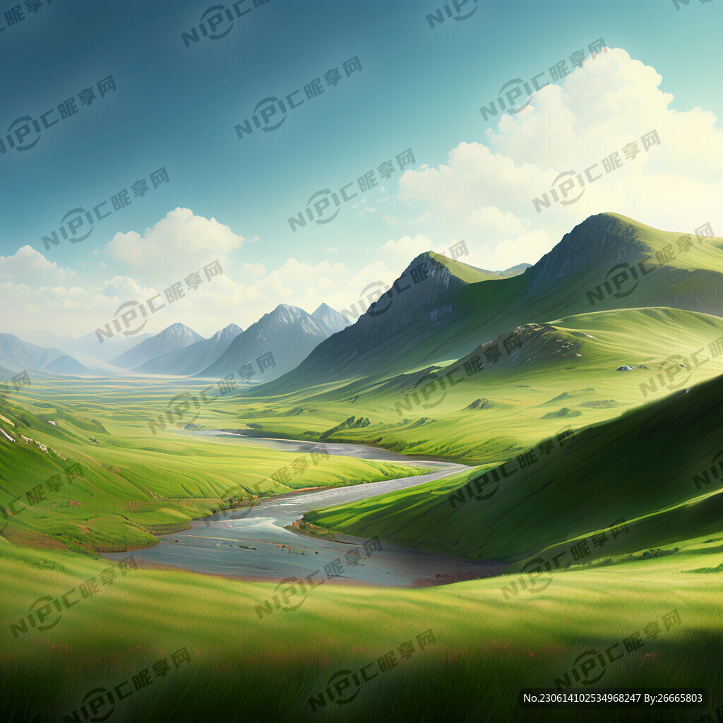 山丘覆蓋著綠色的草地 把高山