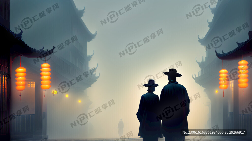 迷霧中的街道 橋上兩個背影