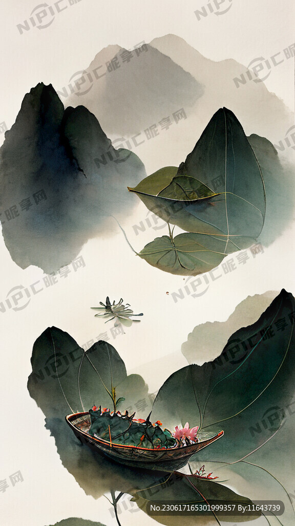 頂視 龍舟 粽子 荷溏 插畫