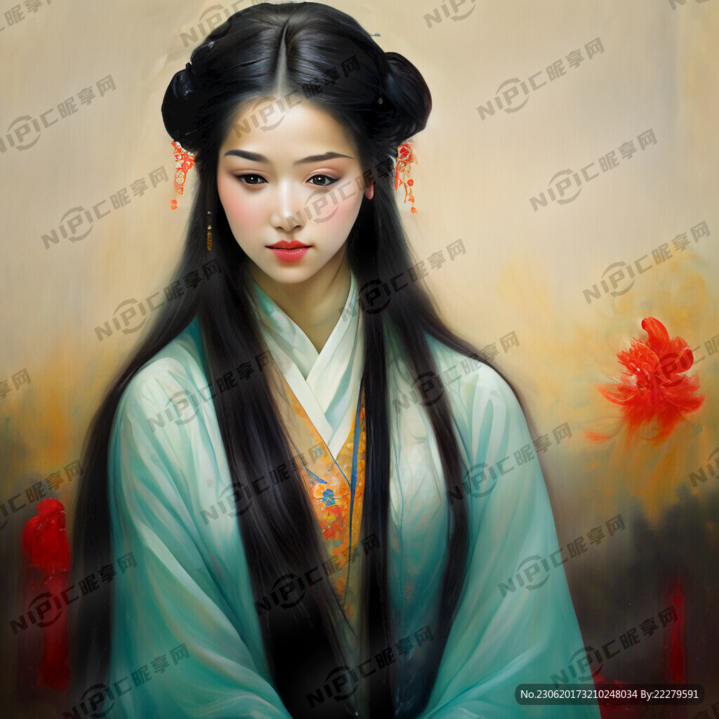 油畫長發美女古風