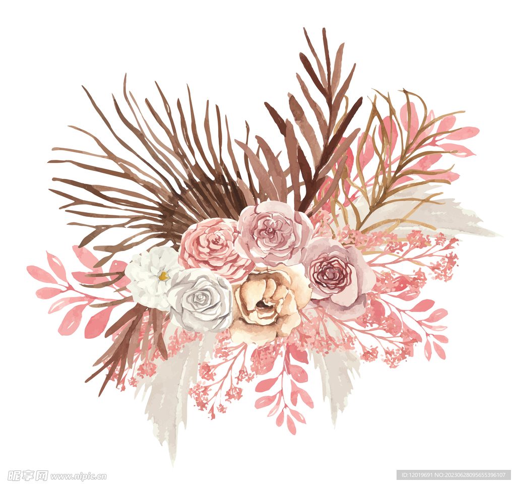 波西米亚手绘粉色热带花束