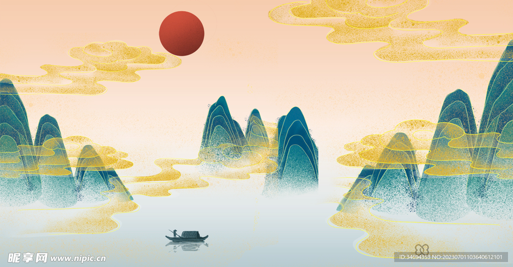  中國風 金色山水背景 
