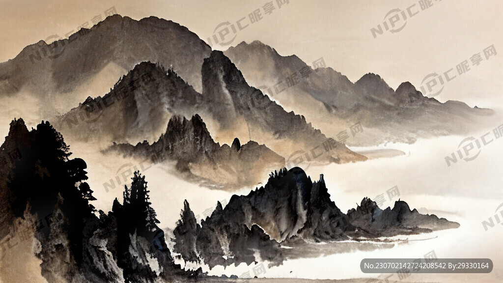 水墨畫國風山川河流有動物