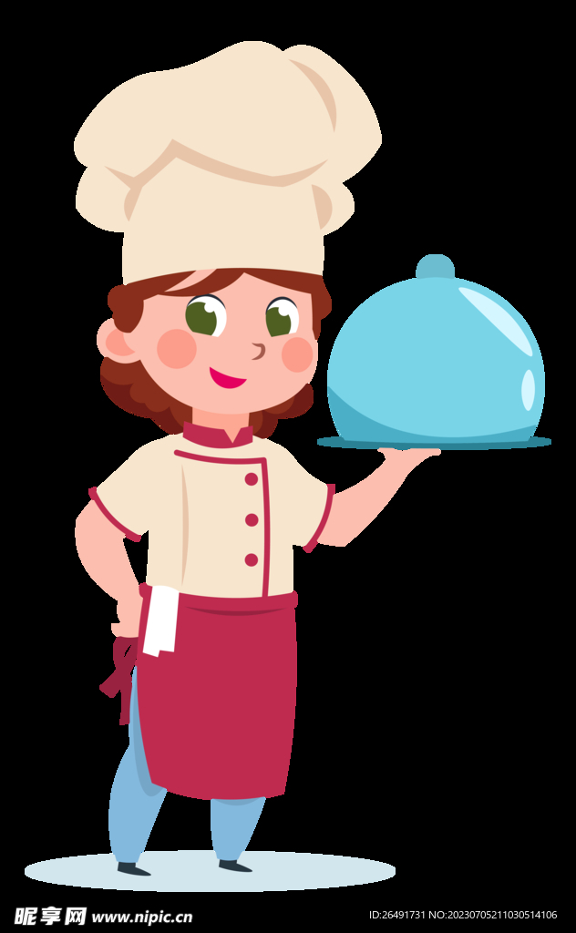 手绘卡通人物女厨师端着一盘菜