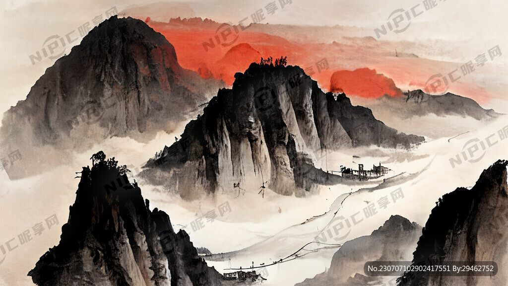 山水畫 紅霞 漁夫 泛舟 山崖
