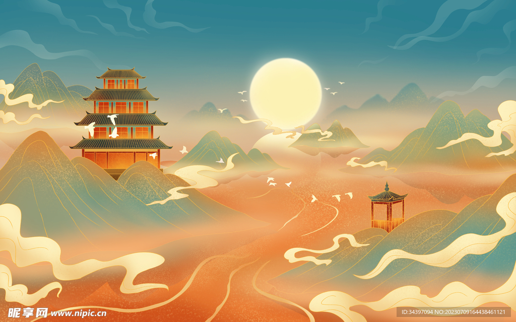山水圓月樓臺插畫