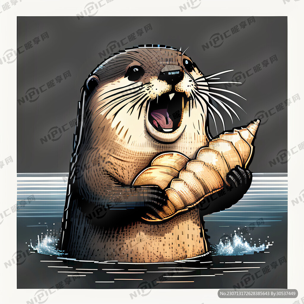 海獺拿著貝殼素寫風(fēng)黑白可愛張著