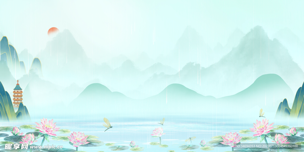 中國風山水荷花