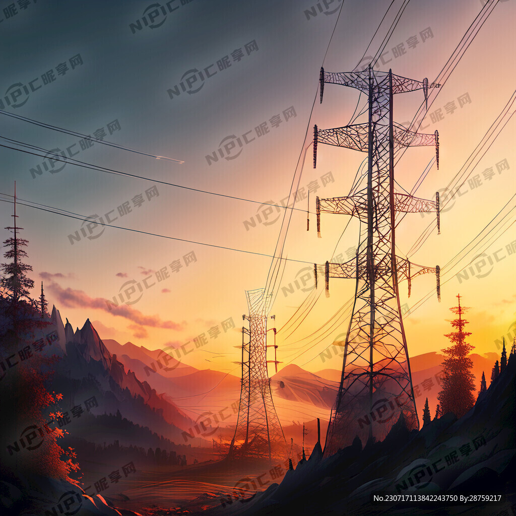 電塔 電網(wǎng) 高山 樹木 大太陽