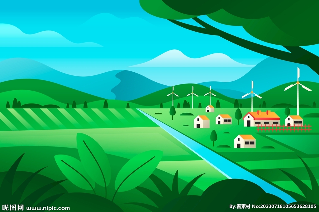 绿色现代化乡村小镇风力发电厂