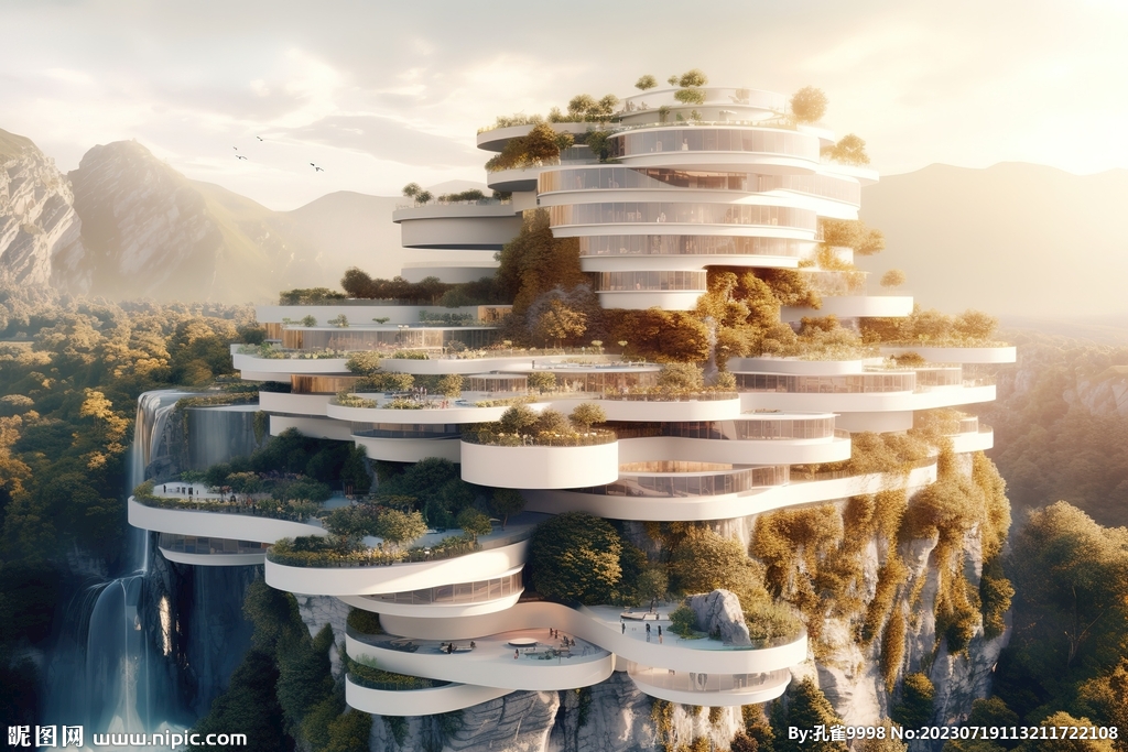 科幻宏偉建筑大瀑布城市景觀