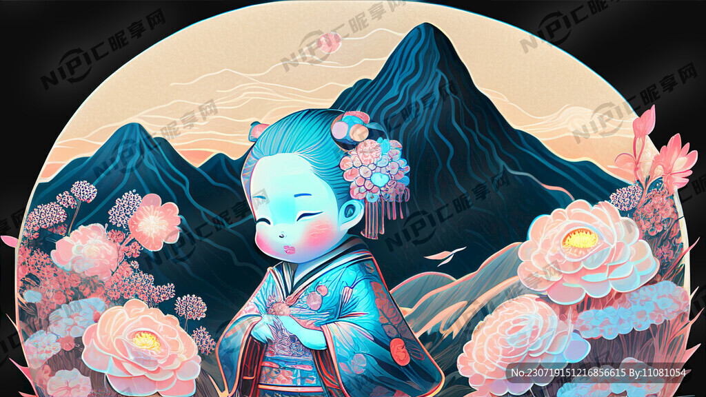 全息色可愛人物漫山花卉浮世繪