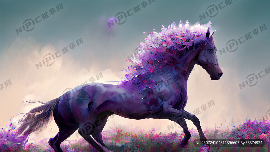 奔跑的馬 紫色 花 夢幻仙境