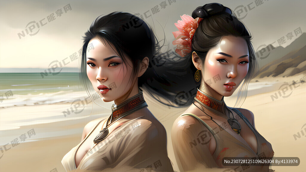 美女 沙灘 中景