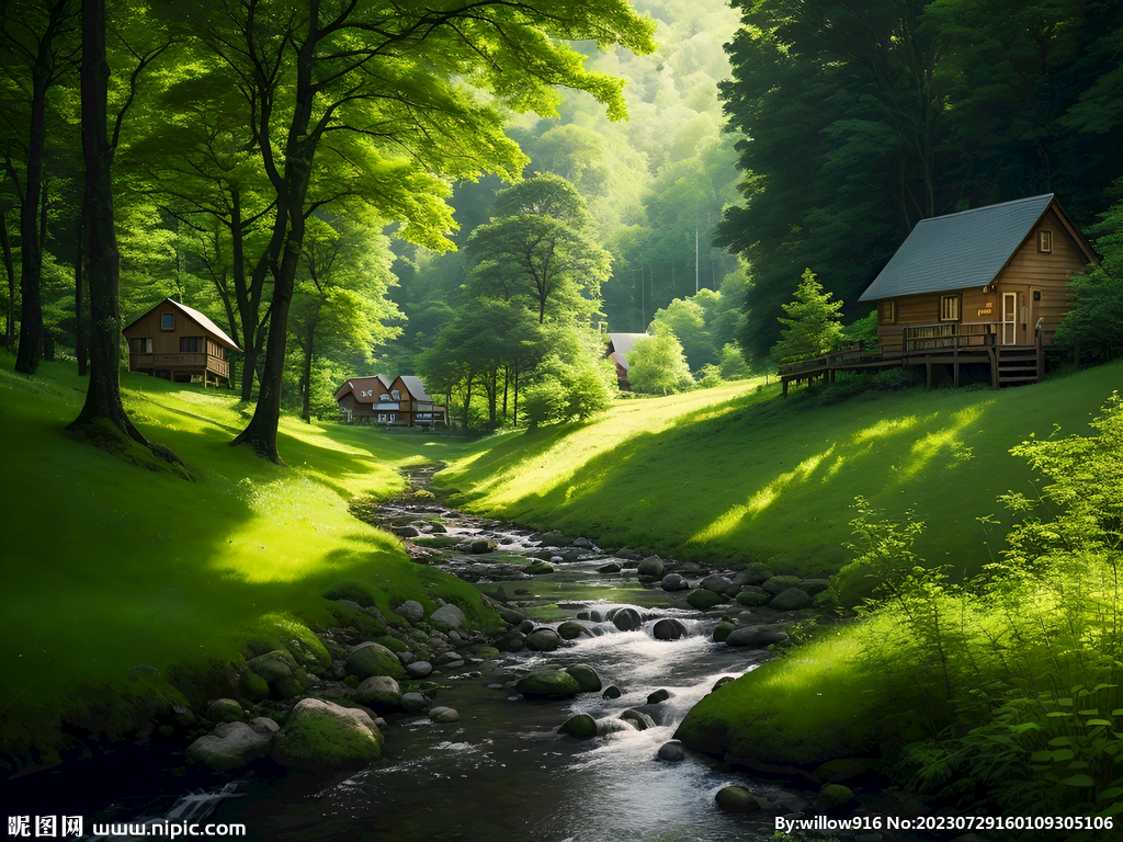 小溪旁绿意幽静森林大自然美景
