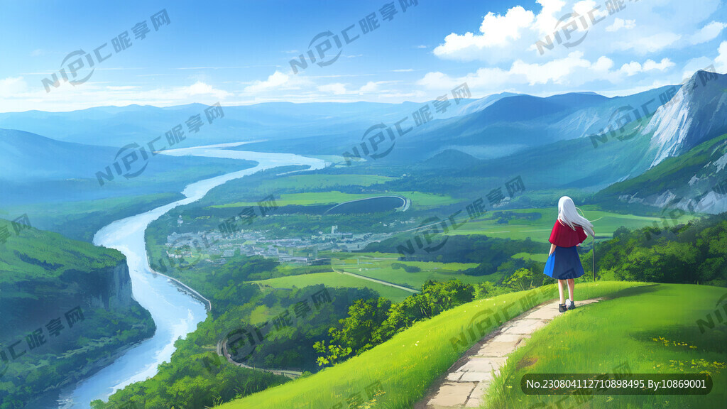 少女 山巒 河流 藍天