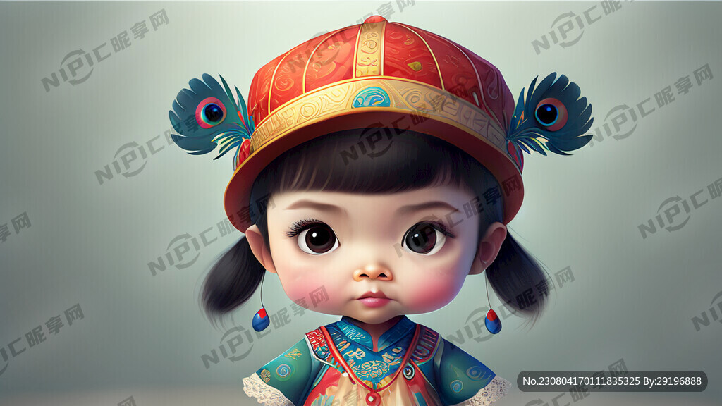 孔雀形象戴帽子穿裙子可愛小女孩