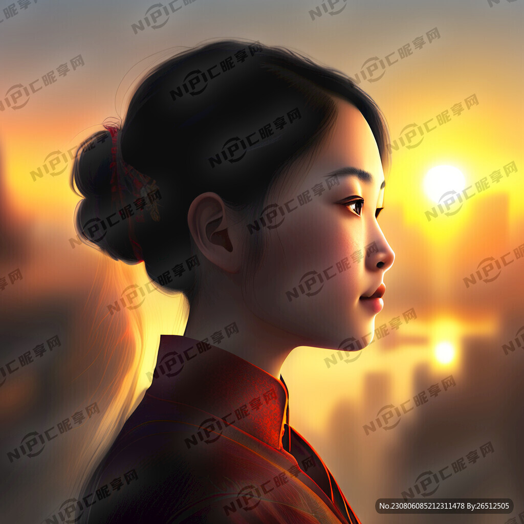 一個漂亮的女孩 側臉望著太陽