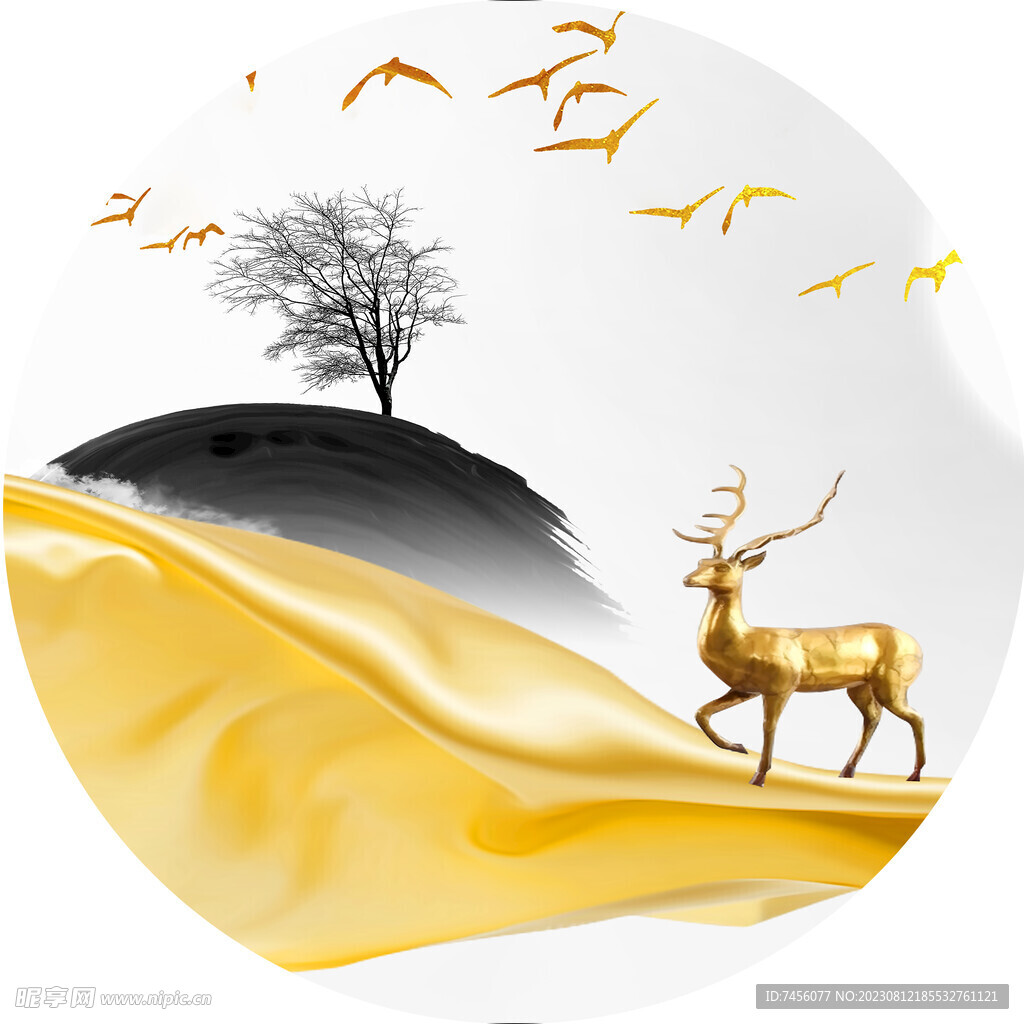金色麋鹿水墨圆形挂画装饰画
