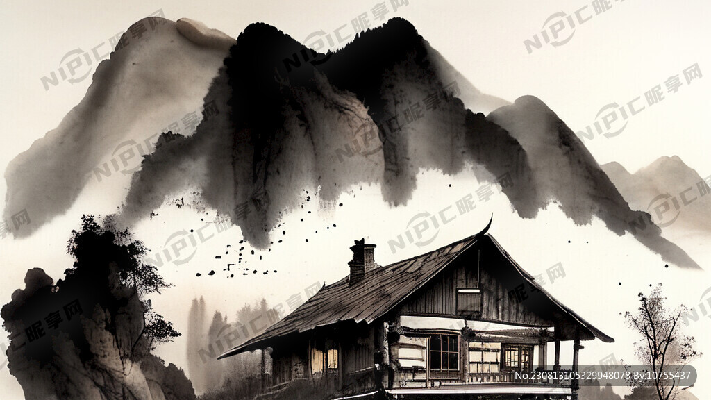 深山 木屋 燕子 水墨風格