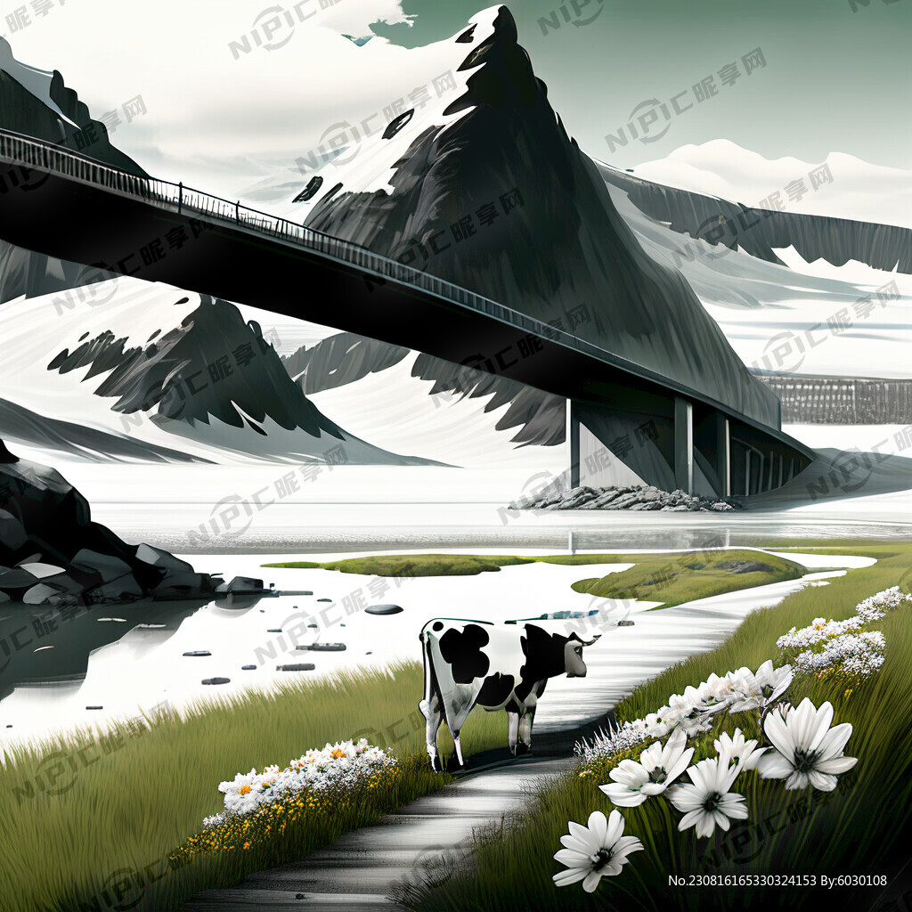 黑白花奶牛冰川綠草塔里木河公路