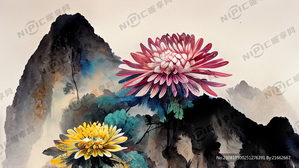 五彩菊花 國(guó)畫 水墨 山水