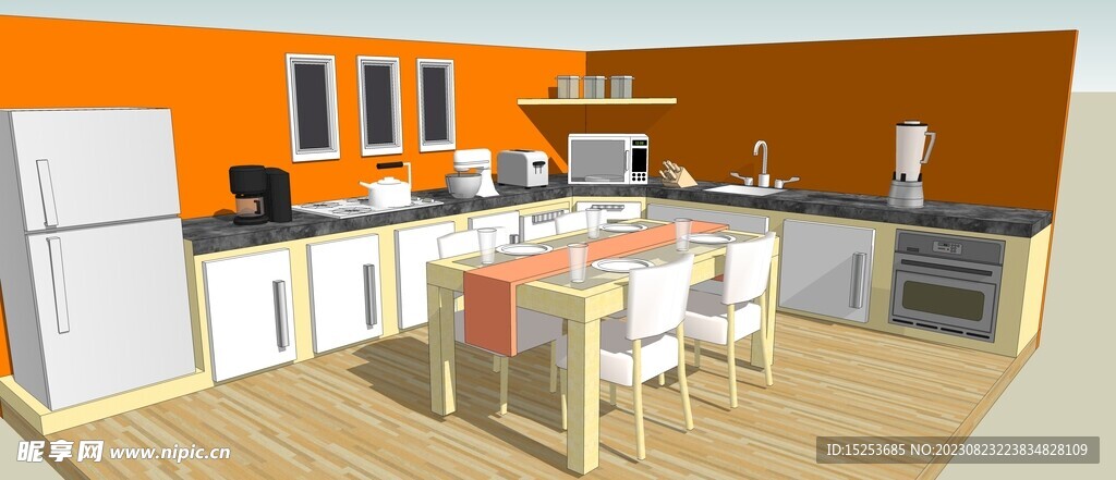 橙色厨房设计模型