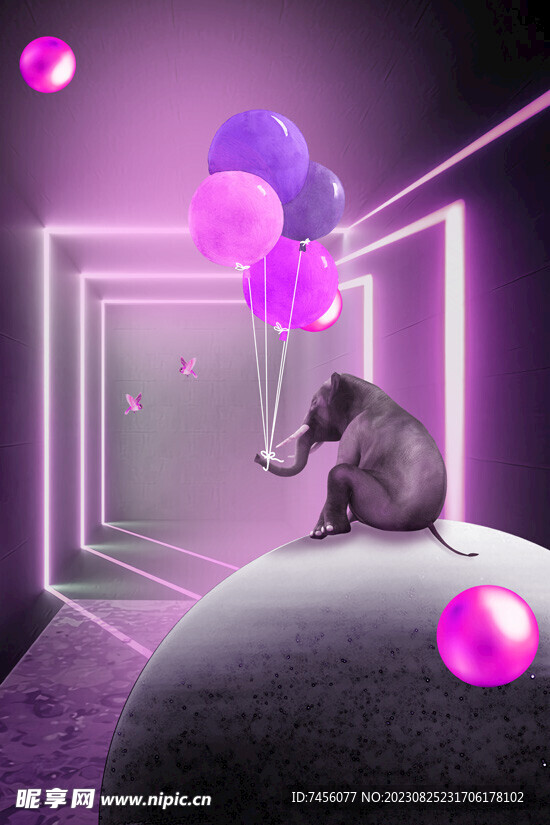 气球大象水彩立体挂画装饰画