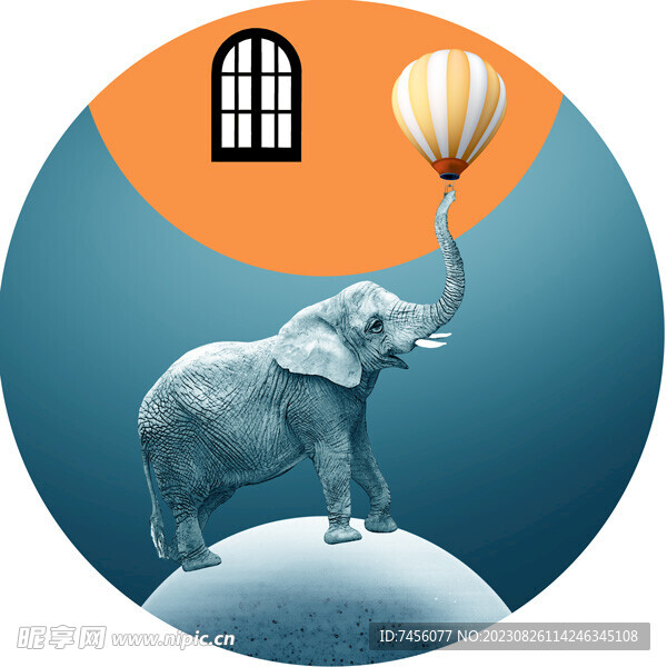 水彩大象热气球圆形挂画装饰画