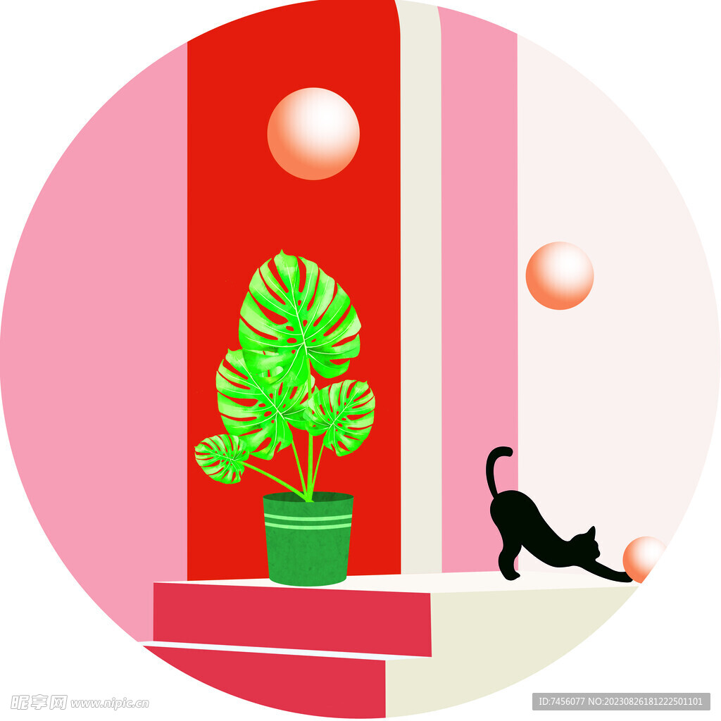 盆栽猫唯美立体圆形挂画 装饰画