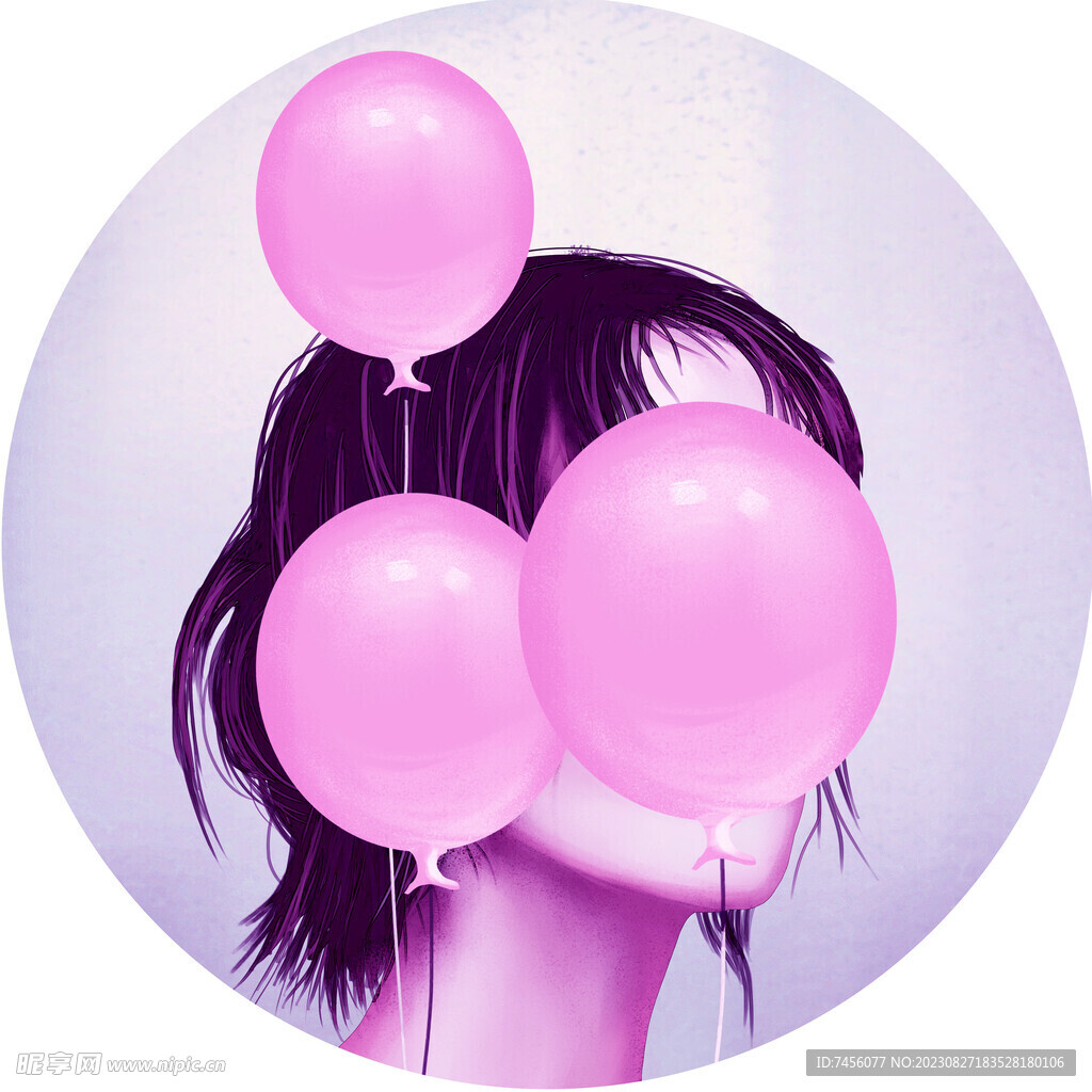 粉色气球美女圆形挂画装饰画