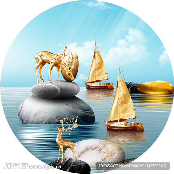 金色帆船湖畔圆形挂画装饰画