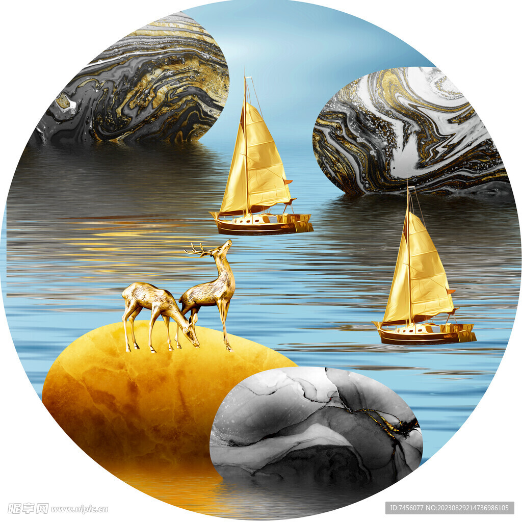 金色帆船湖畔鹅卵石圆形挂画装饰