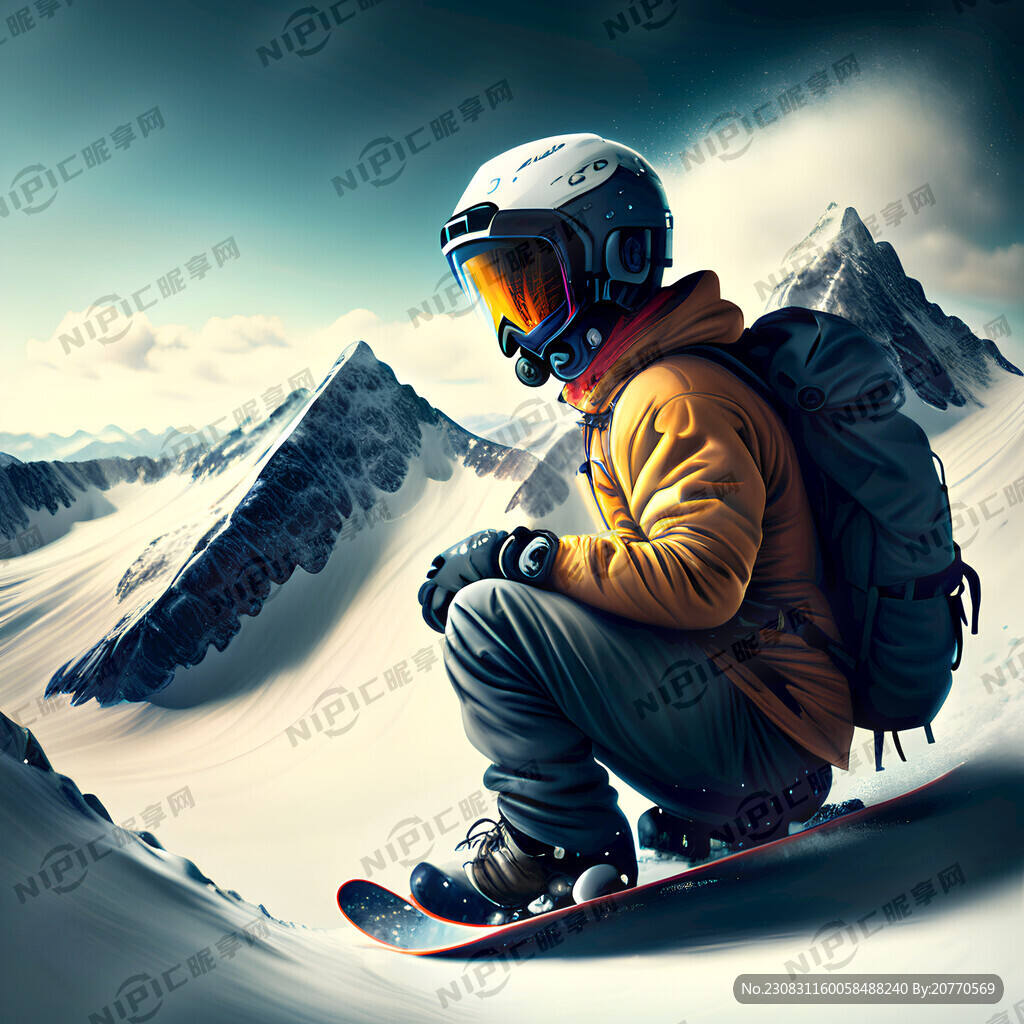 雪山一個人戴著雪鏡頭盔滑著單板