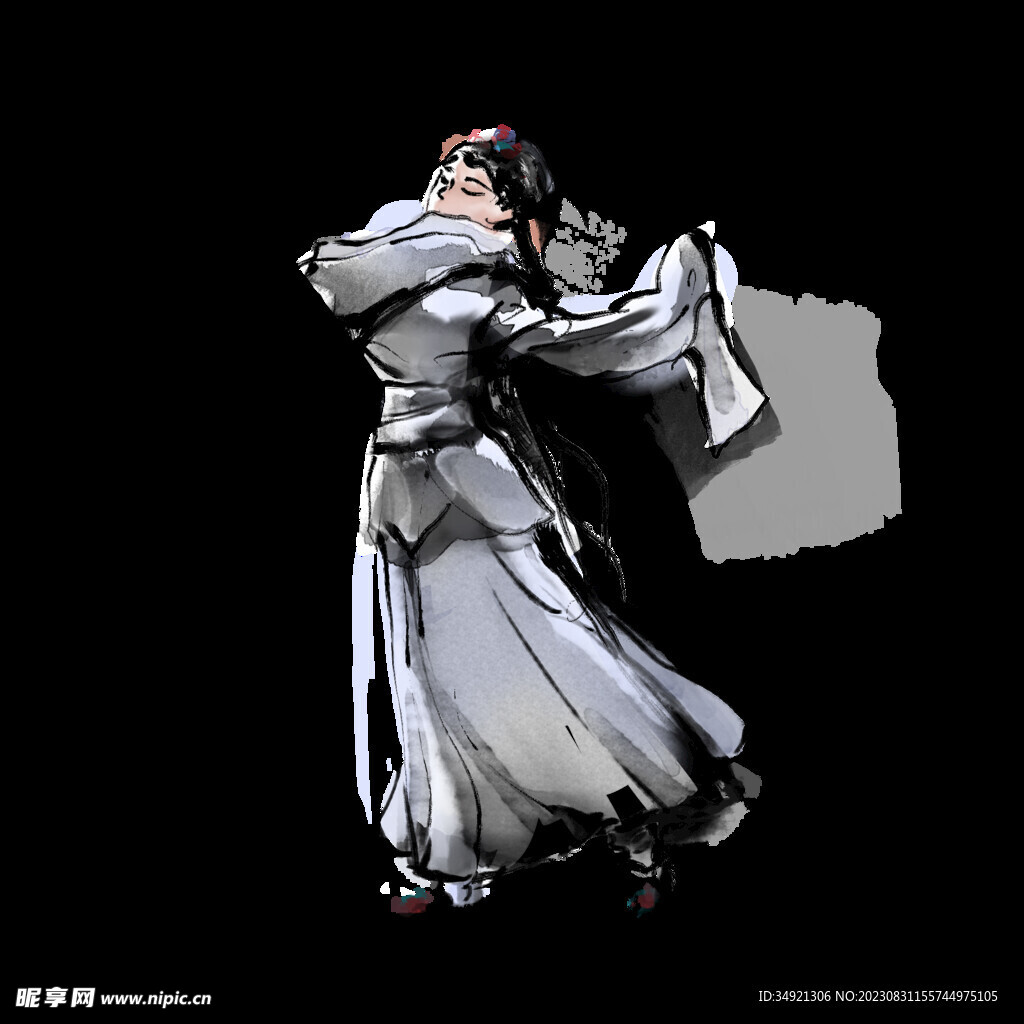 手繪中式水墨舞蹈女插畫元素
