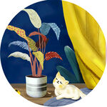 盆栽植物猫水彩圆形挂画装饰画