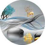 麋鹿湖畔帆船圆形挂画装饰画