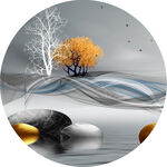 水墨湖畔水彩树圆形挂画装饰画