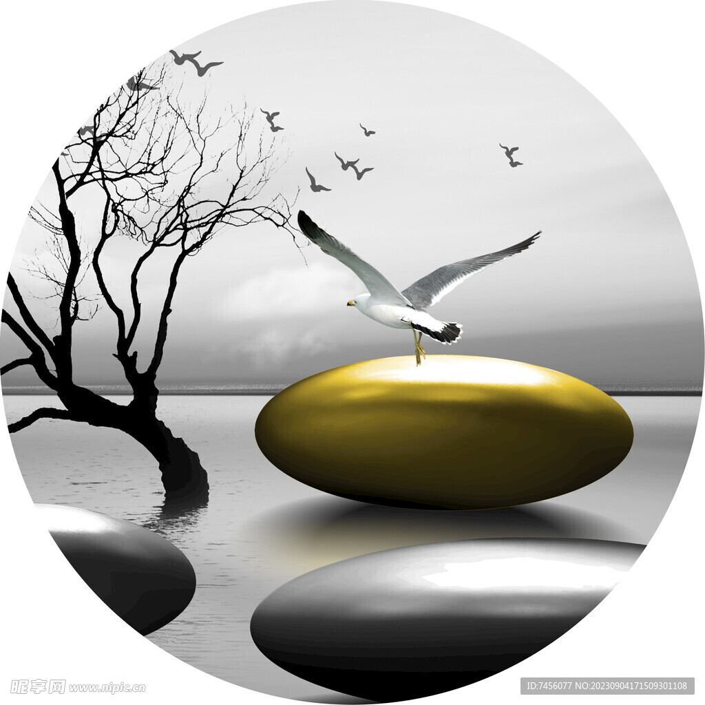 水墨湖畔海鸥圆形挂画装饰画