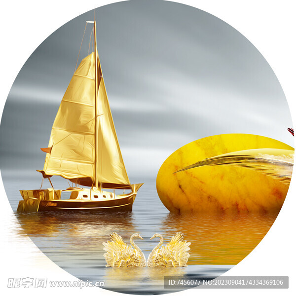 金色帆船天鹅湖圆形挂画装饰画